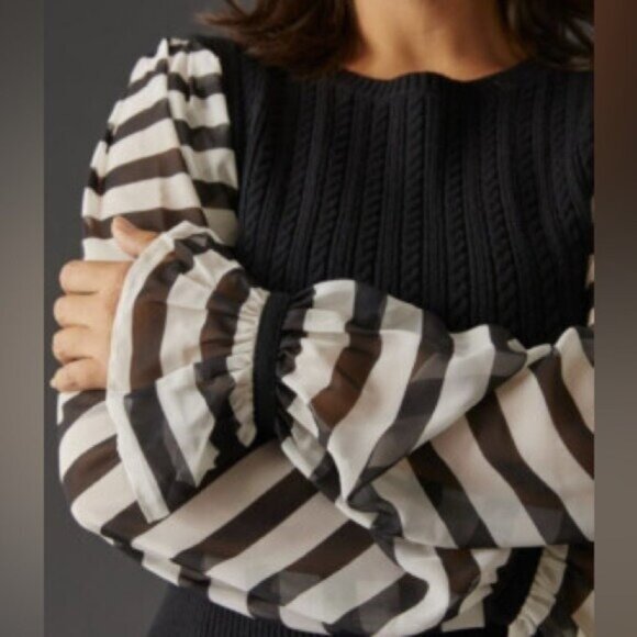 Anthropologie Puff Sleeve Cable Knit Sweater Feminine Ruffle Dainty Preppy Lace - Picture 8 of 8